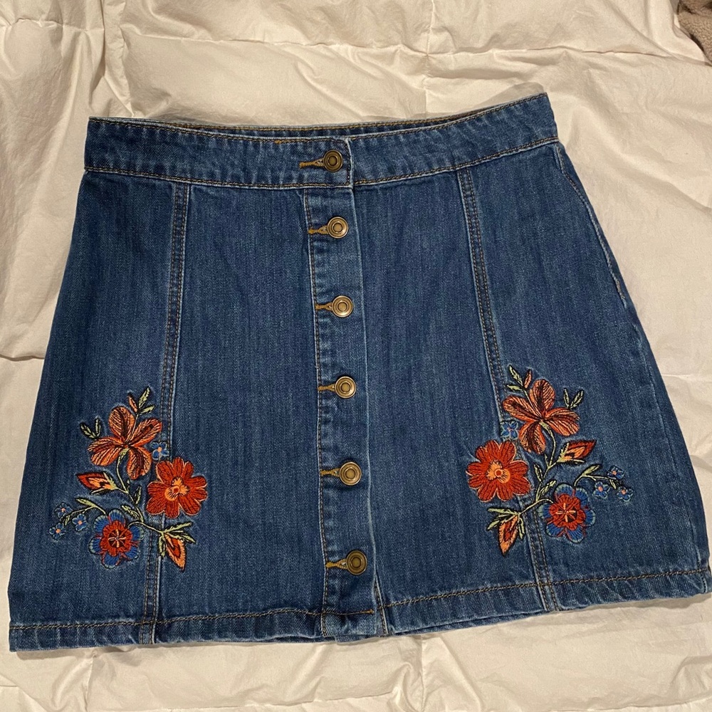 Floral embroidered jean skirt